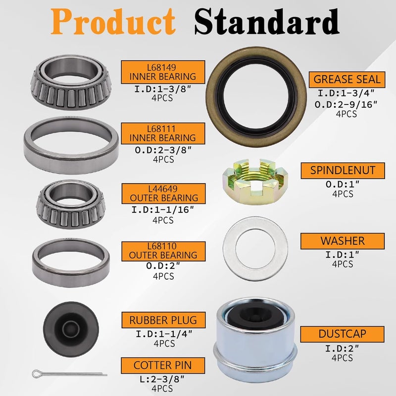 Torkettle 4 Sets Boat Trailer Wheel L68149 L44649 5 Lug Bearing Kit for 3500lb Axle with 171255TB/10-19 Grease Hub Seals, 1.98" Dust Covers, Rubber Plugs, Cotter Pins, Washers - Image 2